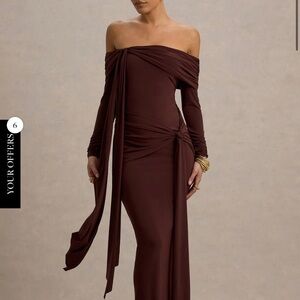 JOVIE dress: Club L London Off-Shoulder Long Sleeve Chocolate Brown Evening Gown